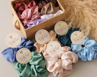Bridesmaid Satin Scrunchies, Bridesmaid Gifts, Diamond Tag Hair Scrunchies, Bachelorette Party, Pink Bridesmaid Silk Scrunchies