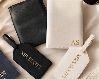 Mr and Mrs Travel Set: Personalized Saffiano Leather Passport Holder and Luggage Tag [R]