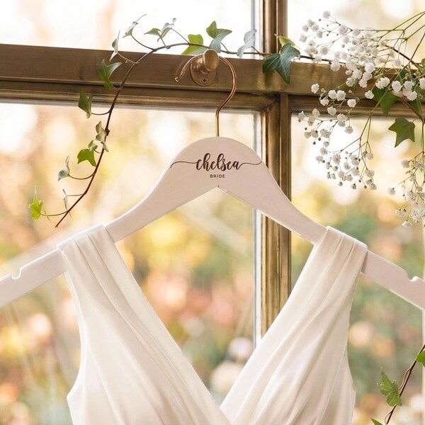Bridal Dress Hanger, Custom Name Wooden Calligraphy Wedding Day Photo Prop