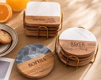 Personalized Wedding Gift, Coaster Set for Couples, Custom Wood Anniversary Christmas Gift for Her, Engagement, Bridal Shower, New Home