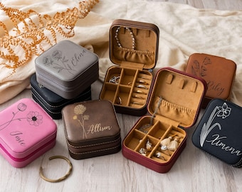 Boîte à bijoux fleurs de naissance, cadeaux de demoiselle d'honneur, étui de voyage en cuir personnalisé pour bijoux, cadeau de demoiselle d'honneur, cadeau personnalisé pour elle<LJB>