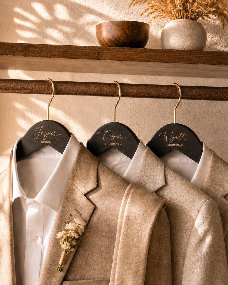 Groomsmen Custom Suit Hanger, Personalized Engraved Wooden Tuxedo Hangers Set image 5