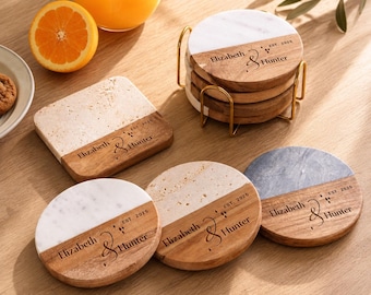 Wedding Gift, Coaster Set Personalized, Engraved Marble Wood Coasters, Anniversary Gift for Couple