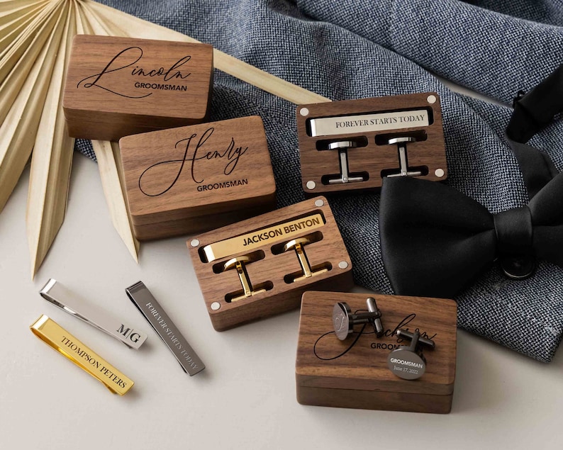 Personalized Cufflinks & Tie Clip Set Groomsmen Gifts Engraved Cuff Links Valentines Day Gift for Him Anniversary Gift for Husband image 1