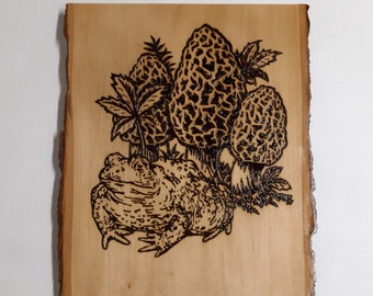 Toad and Morel Mushroom Wood Burning