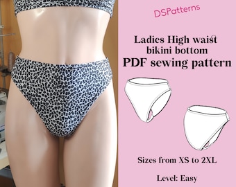 Diy High waist bikini bottom sewing pattern PDF  - Retro 80&#39;s 90&#39;s High legcut instant Download