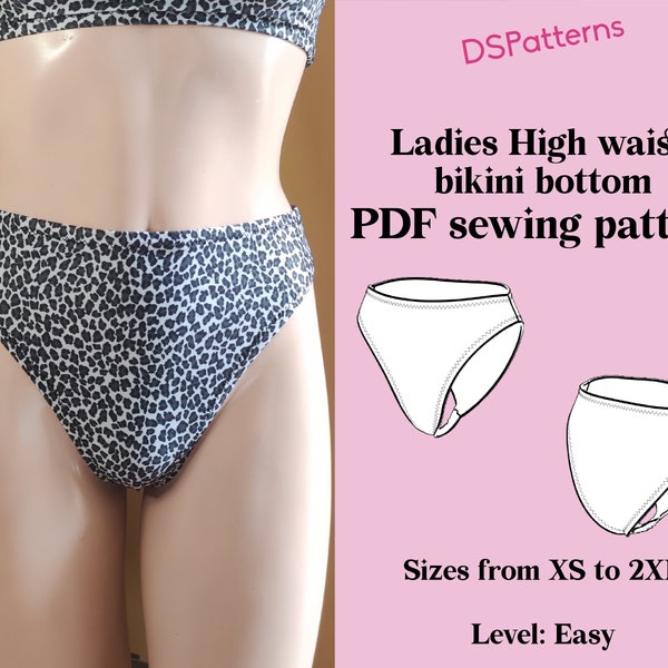 Diy High waist bikini bottom sewing pattern PDF  - Retro 80's 90's High legcut instant Download