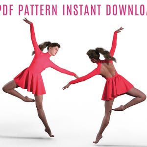 Könnte beinhalten: Zwei Tänzerinnen in roten Kleidern werden in der Luft erfasst, Arme ausgestreckt, in einer dynamischen Pose. Die Kleider haben lange Ärmel und einen plissierten Rock. Der Text "PDF PATTERN INSTANT DOWNLOAD" wird oben angezeigt.