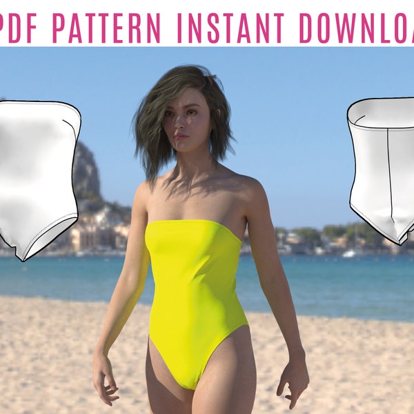 Patrón de costura de traje de baño Diy PDF - traje de baño sin tirantes con pierna alta descarga instantánea