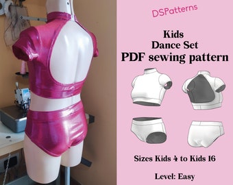 DIY kids dance costume sewing pattern PDF - sizes 4-16 - mock neck top and mid waist shorts instant Download BUNDLE