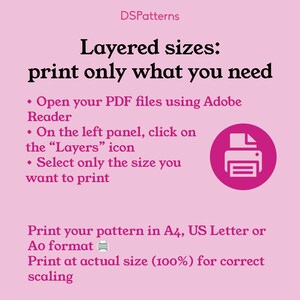 The image is a pink-colored guide with instructions on how to print a pattern, including opening Adobe Reader, selecting the desired size, and printing the pattern in A4, US Letter or A4 format at the actual size of 100%.