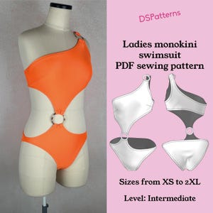 May include: An orange monokini swimsuit displayed on a mannequin. The one-shoulder design features cutouts and metal ring accents. The image also shows a PDF sewing pattern with sizes from XS to 2XL and the text "DSPatterns".