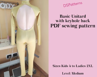 DIY Sewing pattern Unitard  PDF  - Dance Aerial Catsuit with Keyhole back and high collar Instant DOWNLOAD