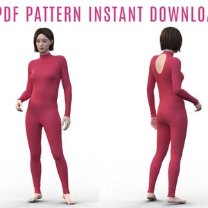 Könnte beinhalten: Ein roter Overall mit langen Ärmeln und hohem Ausschnitt. Die Rückseite des Overalls hat einen Schlüssellochausschnitt. Der Text "PDF PATTERN INSTANT DOWNLOAD" wird oben im Bild angezeigt. Der Overall ist figurbetont.