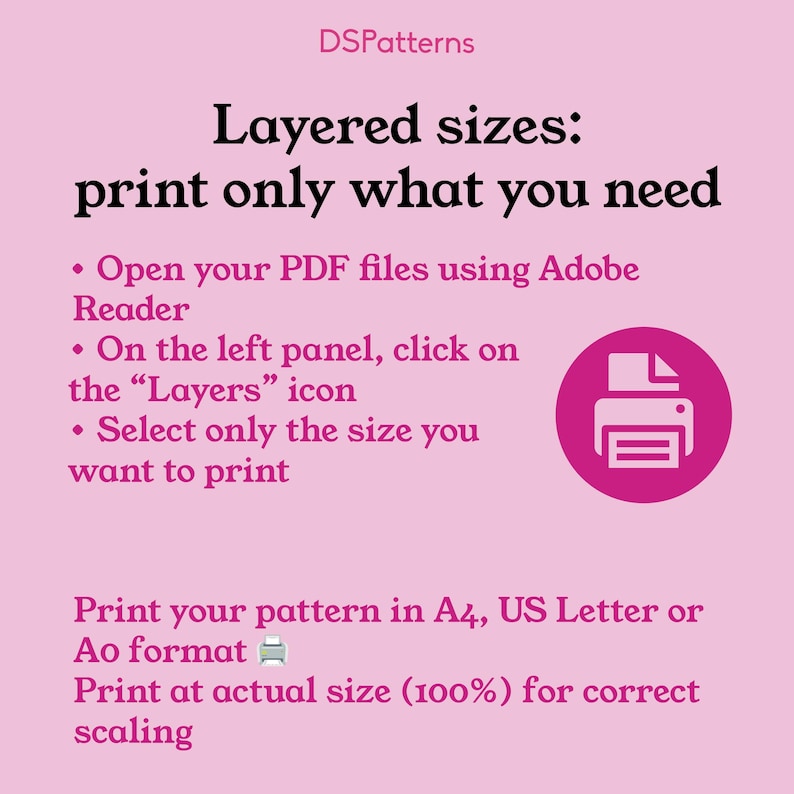 The image is a pink-colored guide with instructions on how to print a pattern, including opening Adobe Reader, selecting the desired size, and printing the pattern in A4, US Letter or A4 format at the actual size of 100%.