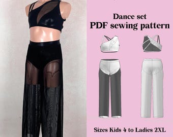 Patrón de costura en PDF para traje de baile: pantalón ancho transparente y blusa con abertura