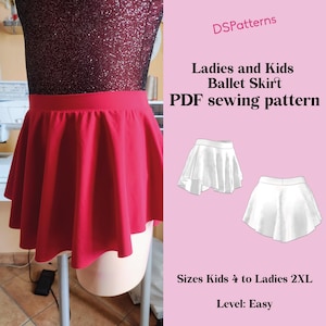 Könnte beinhalten: Ein roter Ballettrock auf einer Schaufensterpuppe, kombiniert mit einem paillettenbesetzten Oberteil. Das Bild enthält ein Schnittmuster für einen Ballettrock mit dem Text "Ladies and Kids Ballet Skirt PDF sewing pattern". Größen von Kids 4 bis Ladies 2XL.