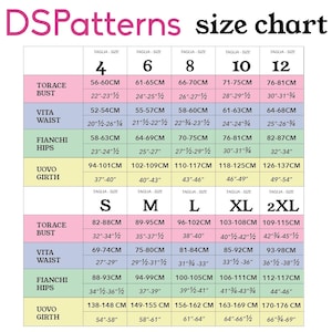 The image is a size chart that provides measurements and corresponding sizes for various clothing items such as bust, waist, hips, and girth.