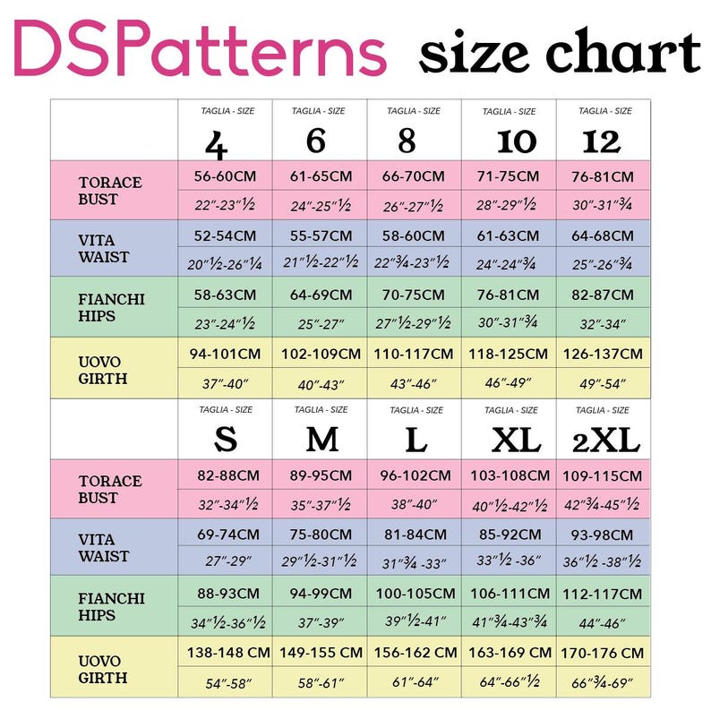 The image is a size chart that provides measurements and corresponding sizes for various clothing items such as bust, waist, hips, and girth.
