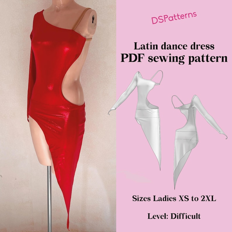 Asymmetrical Latin Dance Dress Sewing Pattern – One Sleeve Ballroom Costume (PDF Download) image 1