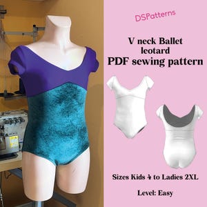 DIY Dance Leotard Sewing Pattern with V Neck and Short Sleeves – Sizes 4-12Y & S-2XL – Ballet Costume instant download PDF