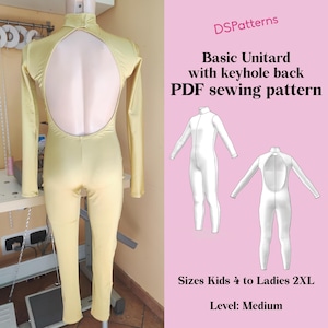 May include: A light yellow unitard with long sleeves and a keyhole back is displayed on a mannequin. The image includes a PDF sewing pattern with illustrations of the unitard. Text on the image reads "Basic Unitard with keyhole back PDF sewing pattern".