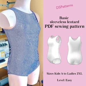 Puede incluir: Un maillot sin mangas azul sobre un maniquí. La imagen incluye un patrón de costura PDF con ilustraciones del maillot y el texto "Basic sleeveless leotard PDF sewing pattern". El patrón está disponible en tallas Kids 4 a Ladies 2XL.
