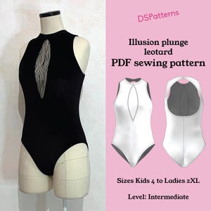 Può includere: Un body nero con scollo alto e un'apertura centrale a illusione con un pannello trasparente a motivi. L'immagine include il testo DSPatterns, Illusion plunge leotard PDF sewing pattern, Sizes Kids 4 to Ladies 2XL, Level: Intermediate.