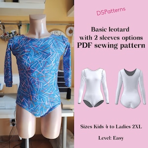 Pode incluir: Um collant azul com um padrão abstrato branco e vermelho é exibido em um manequim. A imagem inclui um padrão de costura PDF com duas opções de mangas. O texto na imagem diz "Basic leotard with 2 sleeves options PDF sewing pattern". Tamanhos de Kids 4 a Ladies 2XL.