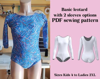 May include: A blue leotard with a white and red abstract pattern is displayed on a mannequin. The image includes a PDF sewing pattern with two sleeve options. Text on the image reads "Basic leotard with 2 sleeves options PDF sewing pattern". Sizes range from Kids 4 to Ladies 2XL.