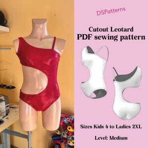 May include: A red, cutout leotard on a mannequin. The leotard features a one-shoulder design with a strap and a large side cutout. The image also shows a PDF sewing pattern with the text "Cutout Leotard PDF sewing pattern".