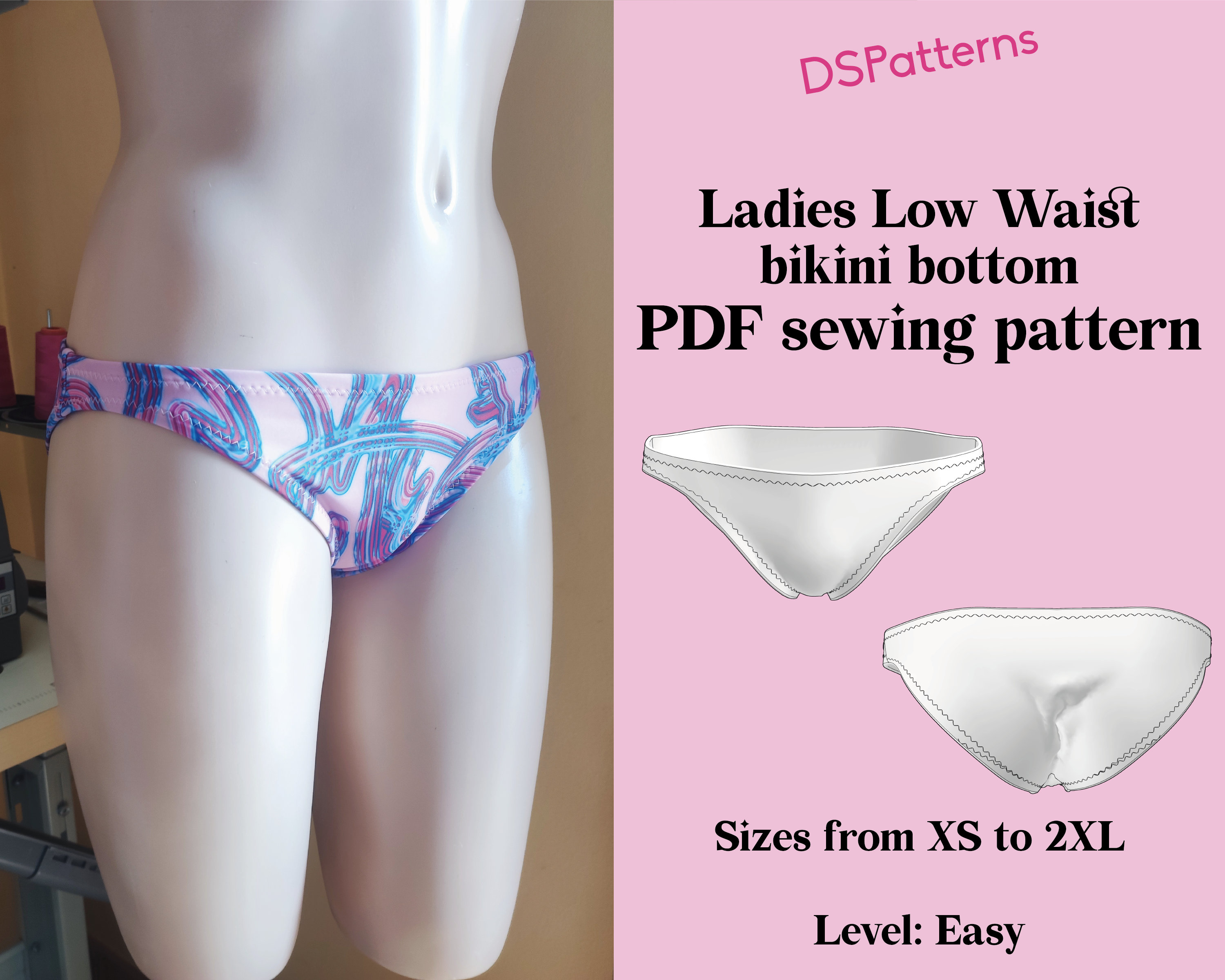 DIY BIKINI Low waist bikini bottom sewing pattern PDF  - Retro 70's Y2K  instant Download