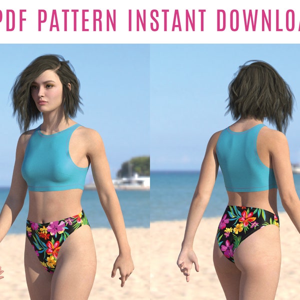 Diy bikini sewing pattern PDF  - sporty top - High waist Retro 80's 90's High legcut instant Download