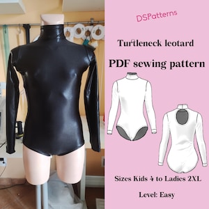 Puede incluir: Un leotardo negro de cuello alto sobre un maniquí. El leotardo tiene mangas largas y un cuello alto. La imagen también incluye un patrón de costura PDF con ilustraciones y el texto "Turtleneck leotard, PDF sewing pattern, Sizes Kids 4 to Ladies 2XL, Level: Easy."