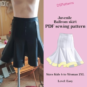 May include: A black, flared ballroom skirt is displayed on a mannequin. The skirt has a textured appearance and a structured design. The image also includes a diagram of the skirt and text that reads "Juvenile Ballroom skirt PDF sewing pattern". The pattern is available in sizes Kids 4 to Woman 2XL.