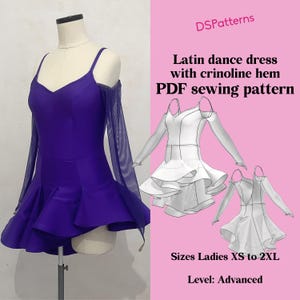 May include: A purple Latin dance dress with a crinoline hem on a mannequin, alongside a PDF sewing pattern illustration. The text reads: DSPatterns, Latin dance dress with crinoline hem PDF sewing pattern, Sizes Ladies XS to 2XL, Level: Advanced.