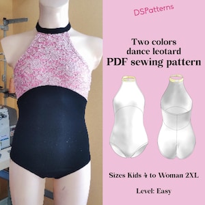May include: A two-tone dance leotard with a halter neckline. The top section is pink lace, and the bottom is black. The image also shows a line drawing of the leotard and text that reads "Two colors dance leotard PDF sewing pattern".