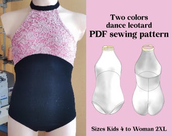 Patrón de costura PDF para leotardo DIY - Leotardo de ballet con cuello halter, dos colores, descarga instantánea
