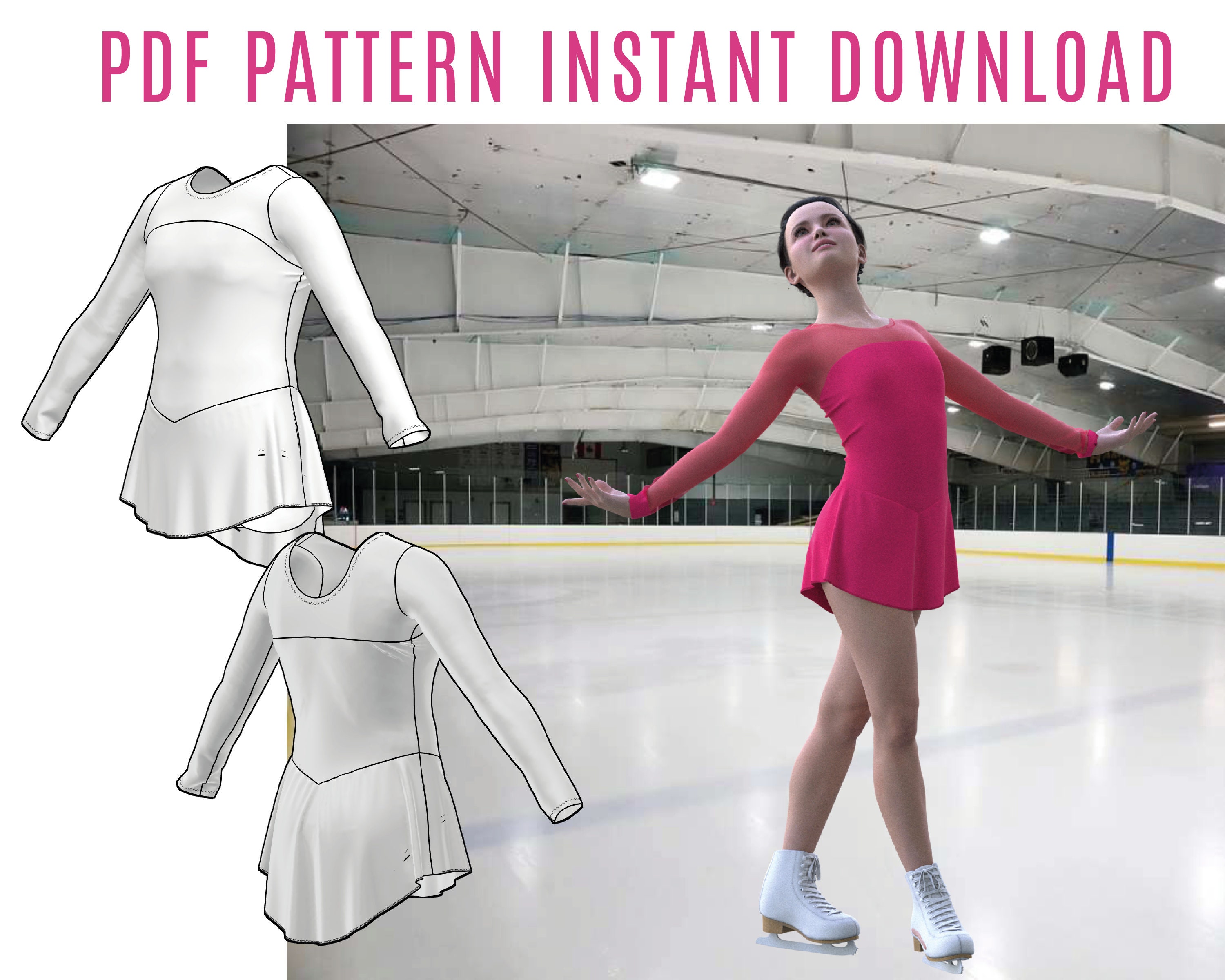 Ice Figure Skating Dress For Girls Ladies Long-sleeved Beaded Roller Skating Skirt Leaf Pattern Pink And Yellow 