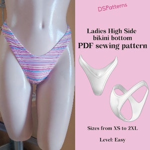 Puede incluir: Una braguita de bikini de corte alto con un estampado de rayas en rosa, azul y blanco. La imagen también incluye un diagrama de la braguita de bikini y el texto "Ladies High Side bikini bottom PDF sewing pattern". Tallas de XS a 2XL.