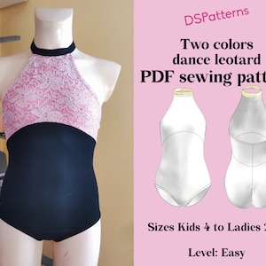 Diy Leotard sewing pattern PDF  - Halterneck Ballet leotard two colors instant Download