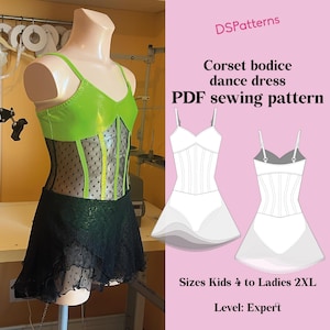 以下が含まれることがあります： マネキンがコルセットボディスのダンスドレスを展示しています。ドレスは、ライムグリーンのトップス、水玉模様の黒いメッシュのミッドセクション、フリルの裾が付いた黒いスカートが特徴です。画像には「DSPatterns」、「Corset bodice dance dress PDF sewing pattern」というテキストとサイズ情報が含まれています。