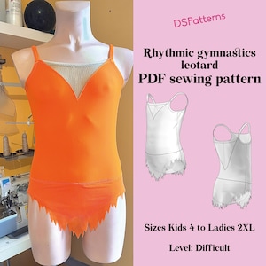 以下が含まれることがあります： リズム体操レオタードのPDF縫製パターン。パターンには、キッズ4サイズからレディース2XLサイズが含まれています。レオタードはVネックとギザギザのヘムを持っています。パターンは「難しい」とラベル付けされています。
