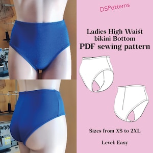 Könnte beinhalten: Ein hoch taillierter Bikini-Slip in Königsblau wird auf einer Schaufensterpuppe gezeigt. Das Bild enthält auch eine Strichzeichnung des Bikini-Slips und den Text "Ladies High Waist bikini Bottom PDF sewing pattern". Das Schnittmuster ist in den Größen XS bis 2XL erhältlich und ist als einfach eingestuft.