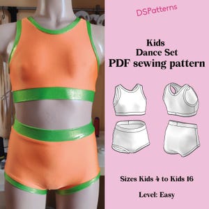 Puede incluir: Conjunto de baile naranja y verde para niños, exhibido en un maniquí. El conjunto incluye un top corto y pantalones cortos con ribetes verdes. La imagen también muestra un patrón de costura PDF con ilustraciones del conjunto de baile y el texto "Kids Dance Set PDF sewing pattern".