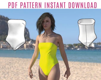 Diy Swimsuit sewing pattern PDF  - strapless swimming suit with high legcut instant Download
