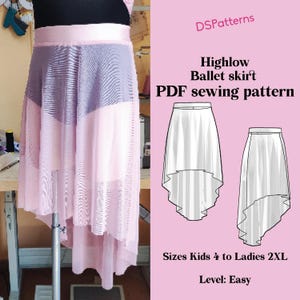 May include: A pink high-low ballet skirt with a layered design. The skirt is shown on a mannequin and is paired with a black top. The image also includes a pattern illustration and text that reads "DSPatterns Highlow Ballet skirt PDF sewing pattern".