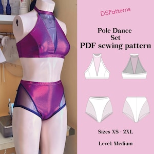 Puede incluir: Un conjunto de pole dance de dos piezas en tejido metálico morado vibrante con detalles de malla. El top halter y la braguita de cintura alta se muestran en un maniquí. La imagen incluye un patrón de costura con el texto "Pole Dance Set PDF sewing pattern".