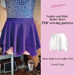 May include: A purple ballet skirt displayed on a mannequin, paired with a leotard. The image includes text that reads "Ladies and Kids Ballet Skirt PDF sewing pattern" and "Sizes Kids 4 to Ladies 2XL". The level is marked as "Easy".