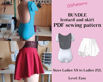 Diy Ballet Leotard and skirt sewing pattern PDF - girl and woman sizes -leotard with short sleeve and open back instant Download BUNDLE